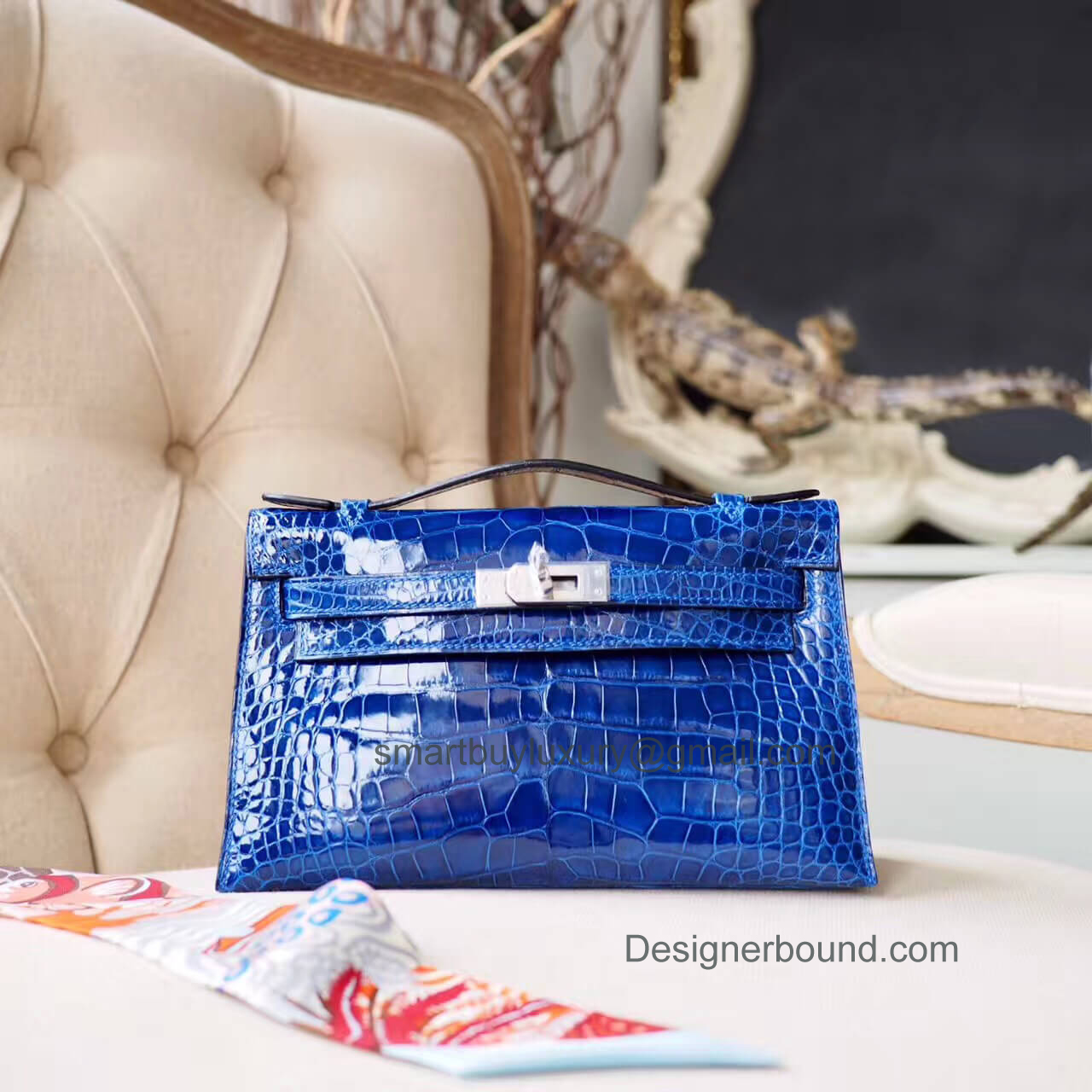 Hermes Mini Kelly 22 Pochette Bag in Blue Electric Shiny Alligator PHW